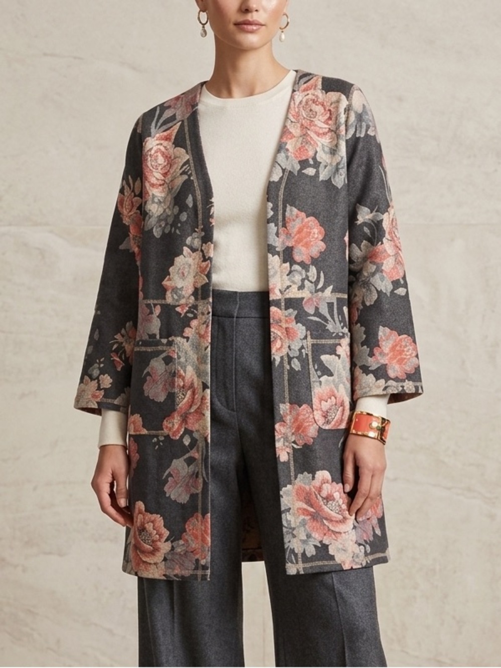 Monarc Anthropologie Floral Duster Cardigan Grey Coral Rose Open Front Pockets M